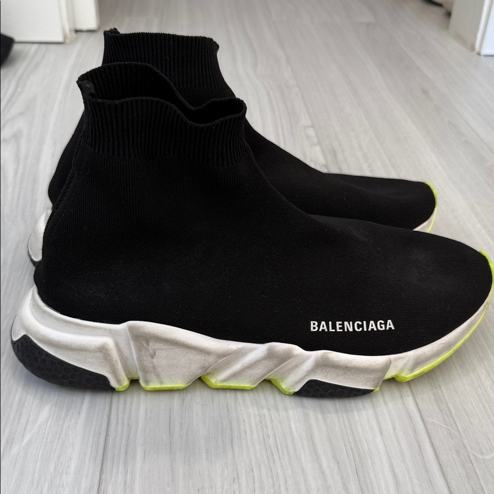 Balenciaga Black Knit Sneakers with White and Neon Accents